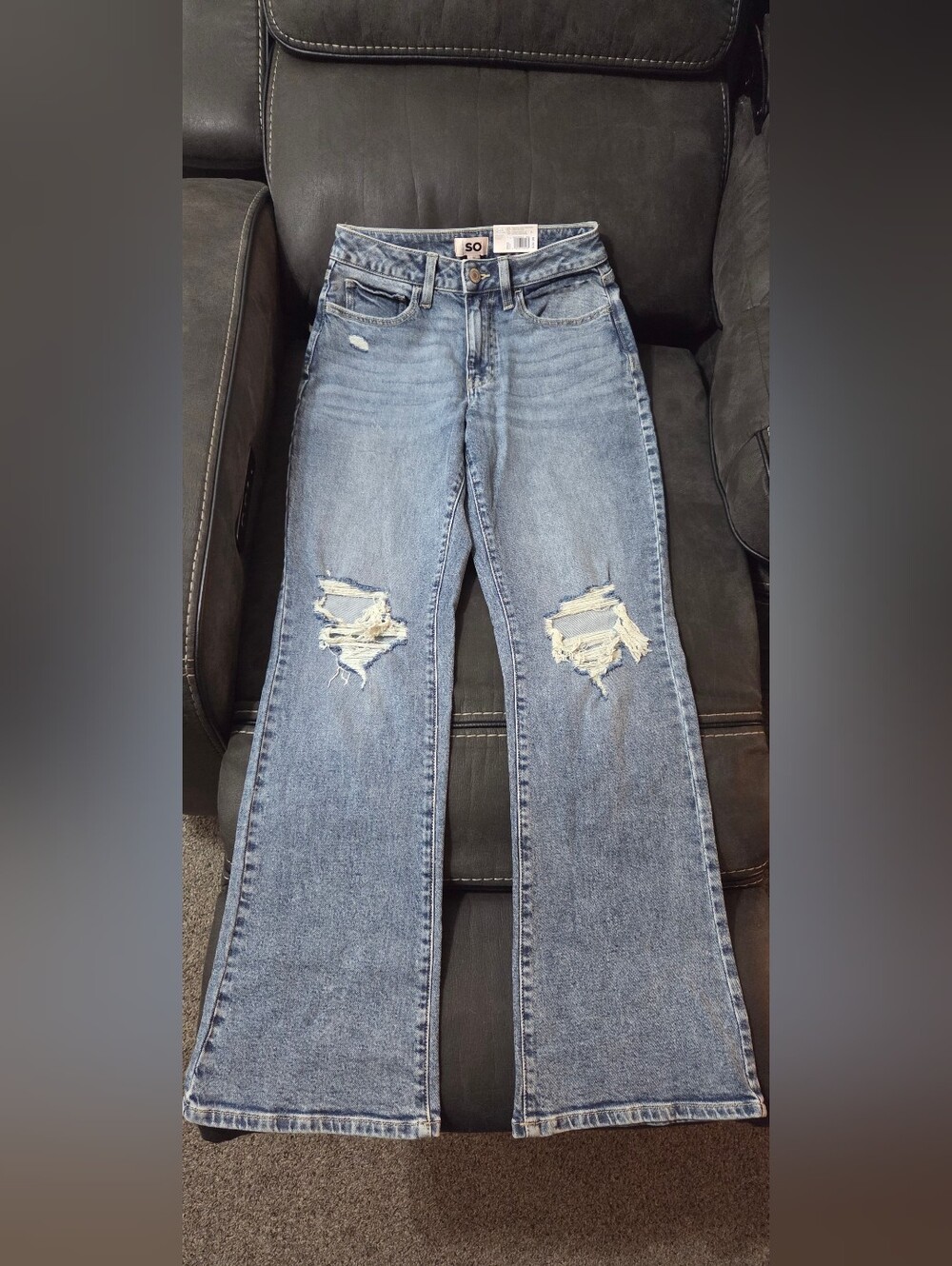 So Highrise Light Blue Distressed Flare Jeans